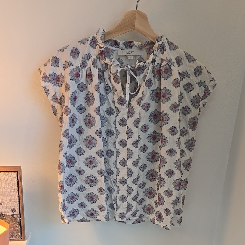 LOFT Floral Blouse - White and Blue with Red Accents Size Small